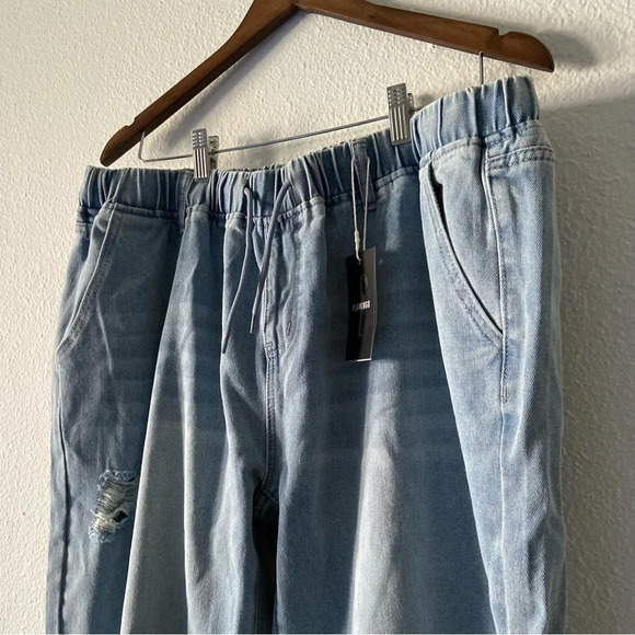 Drawstring High Waist Distress Jeans Fade Pants Pull On 2XL (14/16) Trendy NWT - Picture 4 of 14